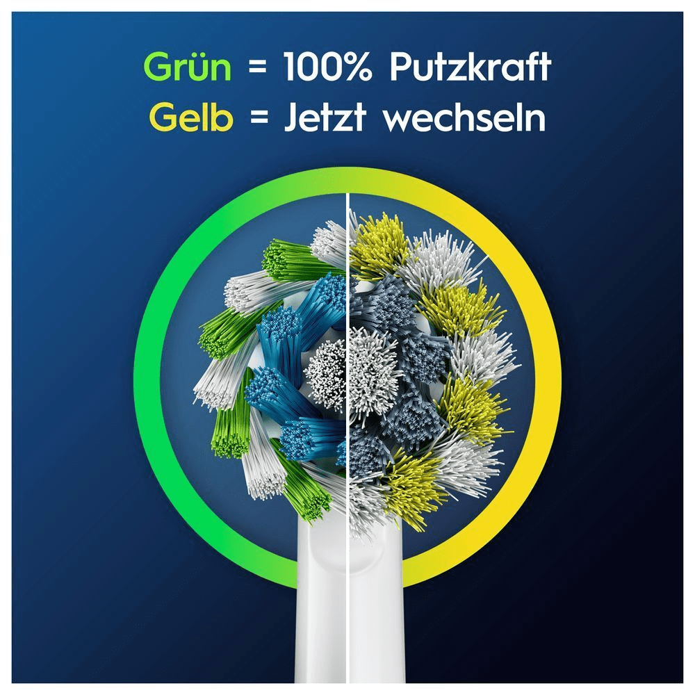 Oral-B Bürstenkopf: Grüne Borsten bedeuten 100% Putzkraft, gelbe Borsten zeigen an, wann der Bürstenkopf gewechselt werden sollte. [IT] Setole verdi della testina Oral-B indicano una pulizia al 100%, mentre le setole gialle segnalano quando sostituire la testina. [ES] Cabezal de cepillo Oral-B mostrando cerdas verdes para indicar 100% de limpieza, y cerdas amarillas que señalan cuándo reemplazar el cabezal.;