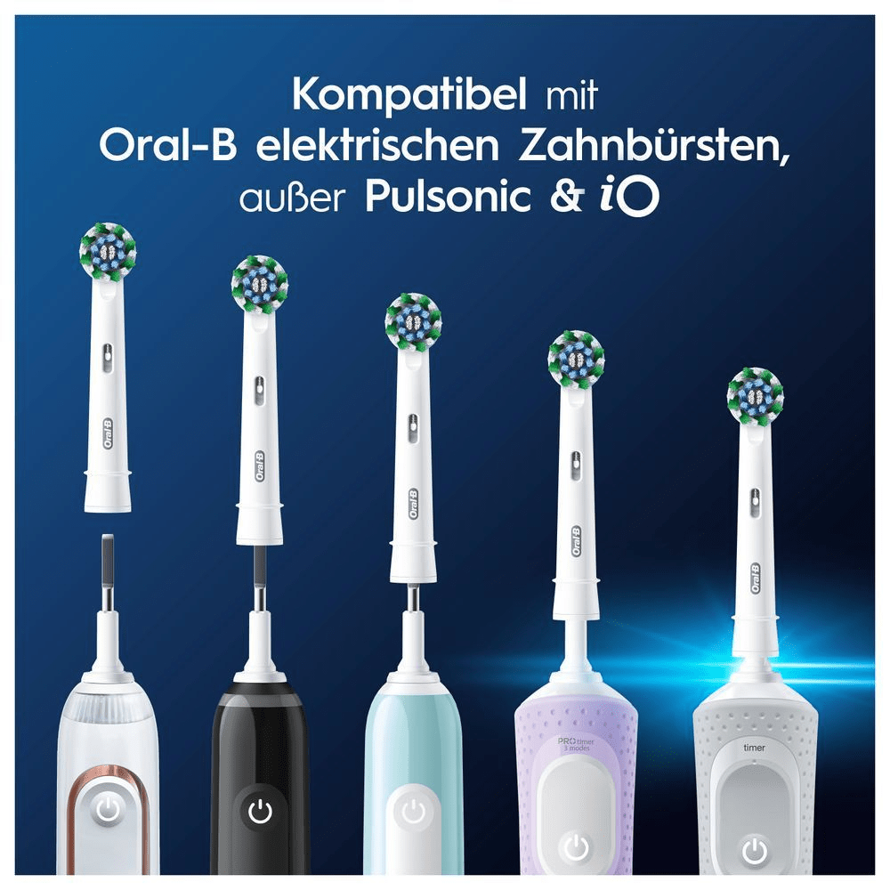Oral-B Zahnbürstenköpfe, die mit verschiedenen Oral-B Zahnbürstenmodellen kompatibel sind (außer Pulsonic & iO). [IT] Compatibilità delle testine Oral-B con diversi modelli di spazzolini elettrici Oral-B, esclusi Pulsonic e iO, per una pulizia efficace. [ES] Cabezales de repuesto Oral-B mostrados con varios modelos de cepillos eléctricos Oral-B, compatibles con la mayoría excepto Pulsonic e iO.;