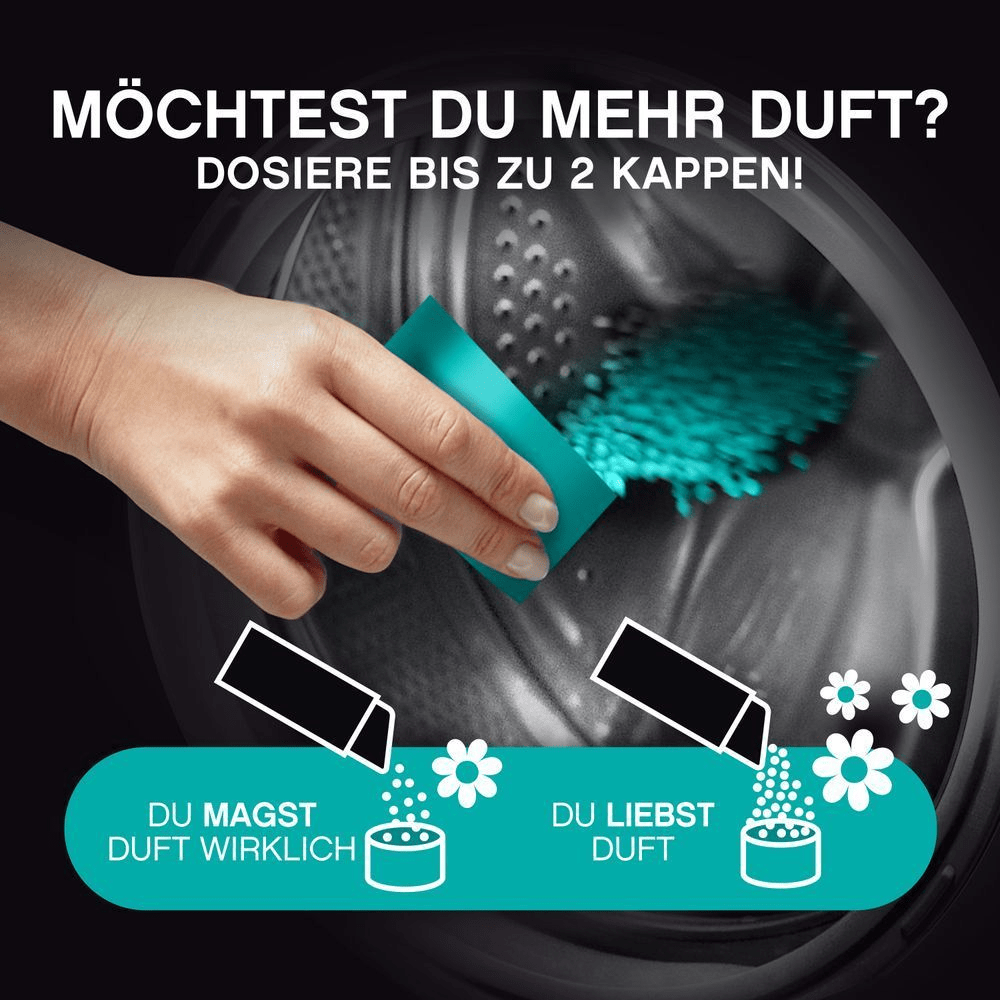 Lenor Wäscheparfüm, je nach gewünschter Duftintensität bis zu 2 Dosierkappen zugeben.