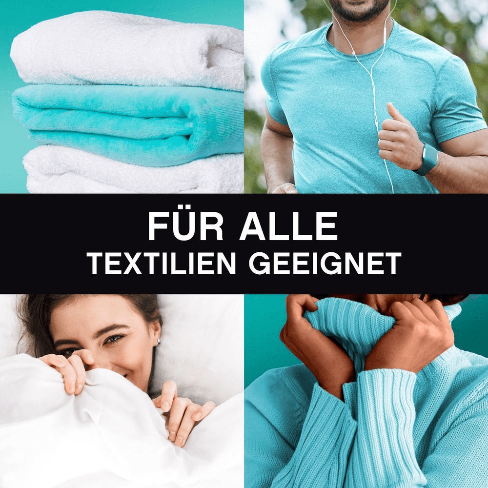 Collage mit dem Text: 'Geeignet für alle Textilien'. Enthält Handtücher, einen laufenden Mann, eine Frau in einer Decke und eine Frau im Pullover.