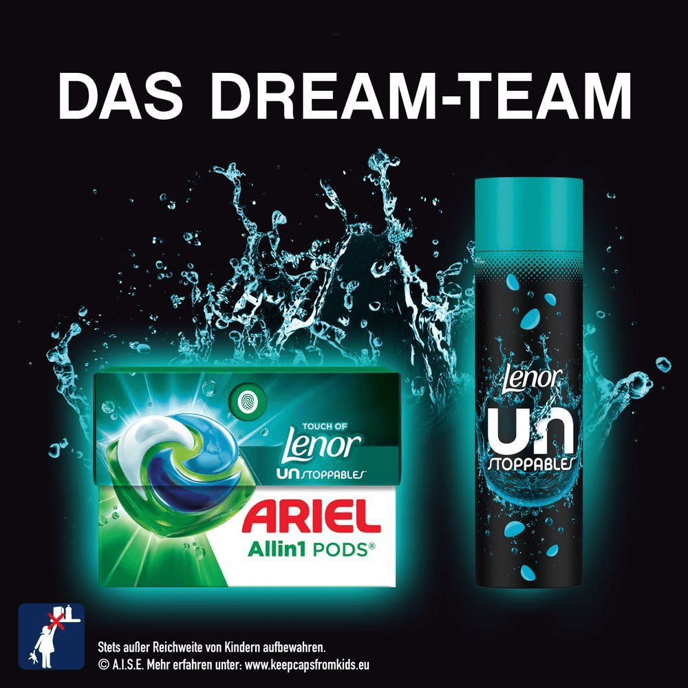 Lenor Unstoppable Fresh und Ariel All-in-1 PODS mit Wassersplash Hintegrund. Das Dream-Team mit Warnhinweis: Stets außer Reichweite von Kindern aufbewahren.