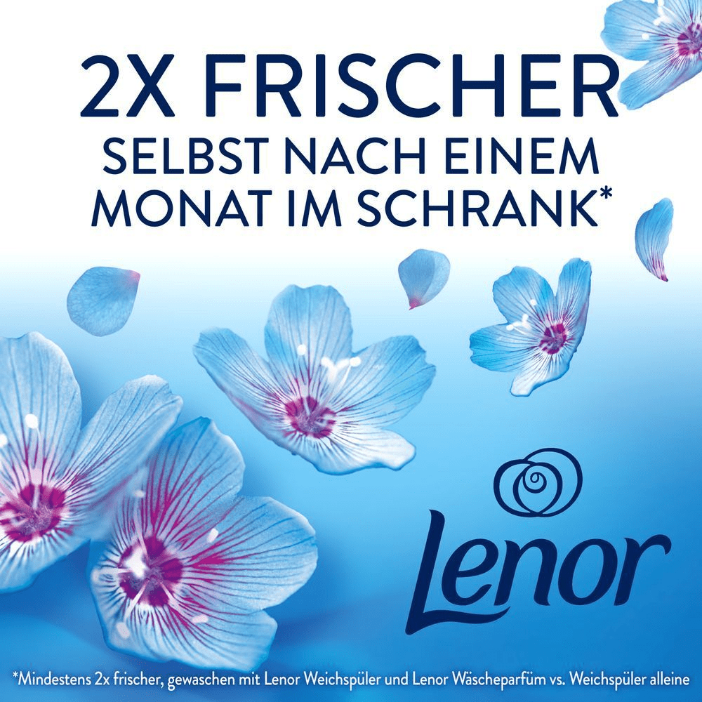 Lenor Wäscheparfüm: „2x frischer, selbst nach einem Monat im Schrank.“ *Mindestens 2x frischer mit Ariel Universal, Lenor Weichspüler + Lenor Wäscheparfüm im Vergleich zu Ariel Universal alleine.