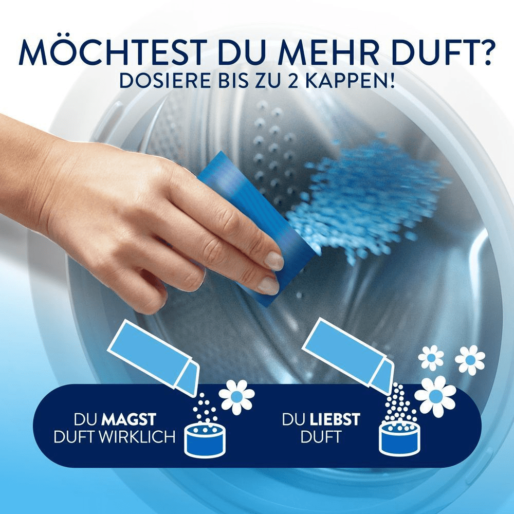 Lenor Wäscheparfüm, füge je nach gewünschter Duftintensität bis zu 2 Dosierkappen hinzu.