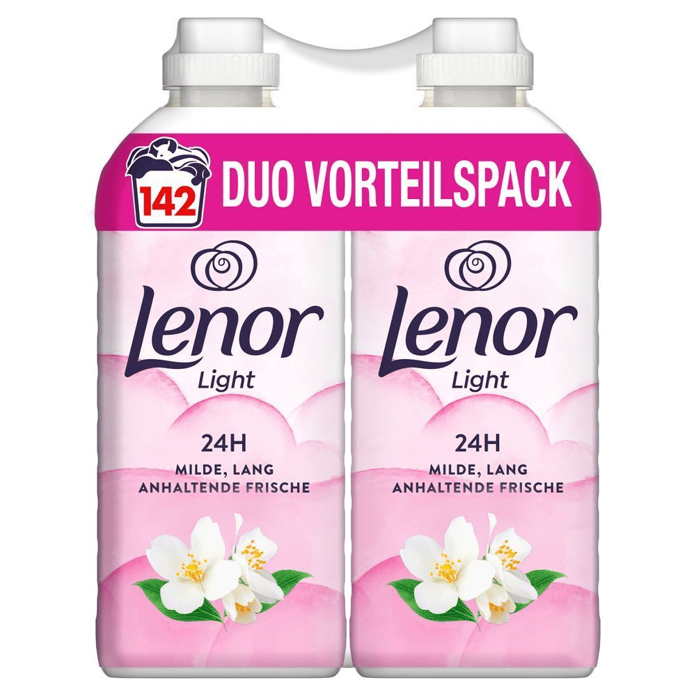 Lenor Light Jasminblüte Weichspüler im Duo Vorteilspack für 142 Waschladungen, beworben mit 24 Stunden milder, langanhaltender Frische.
