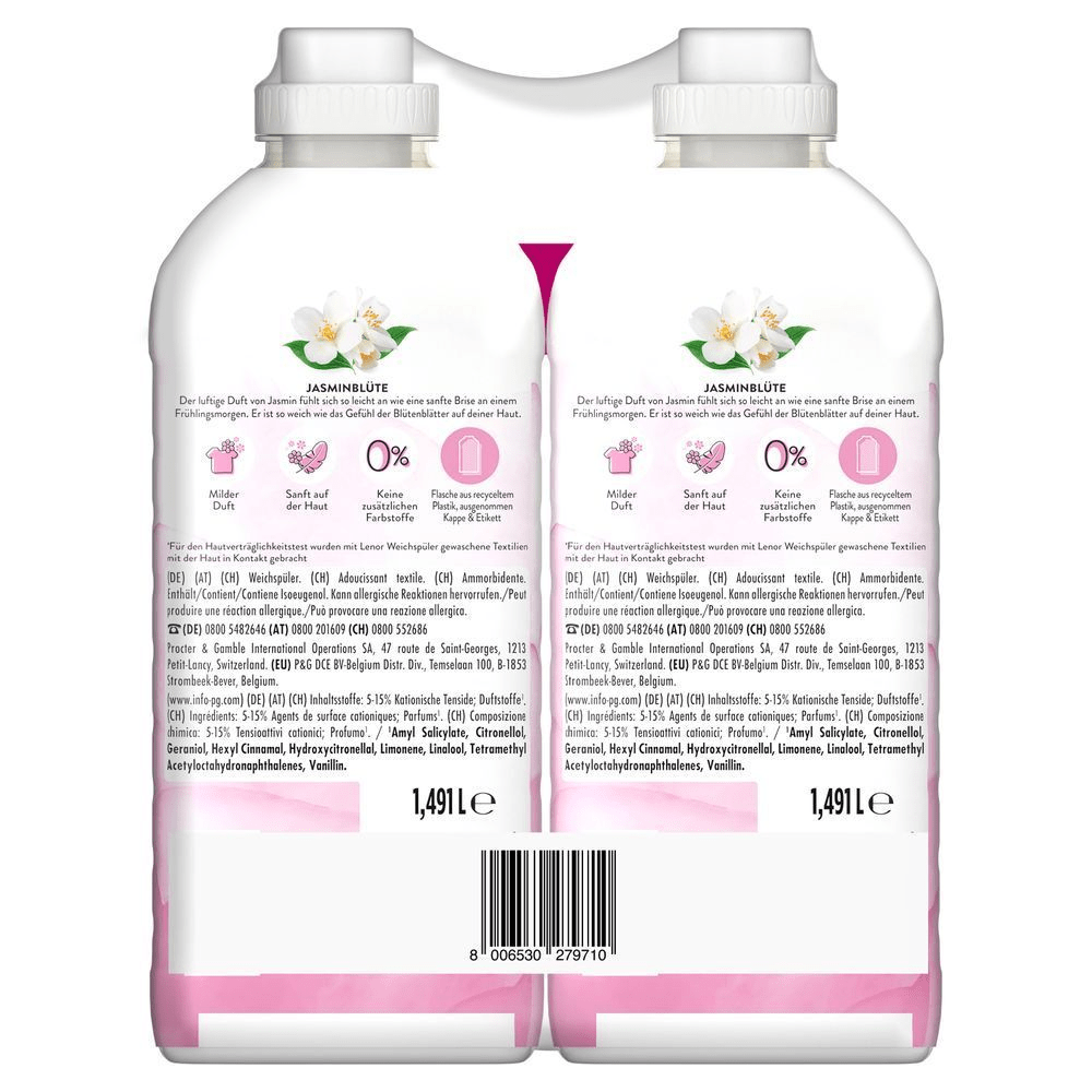 Lenor Weichspüler Jasminblüte im Doppelpack, hervorhebend 0% keine zusätzlichen Farbstoffe und sanft auf der Haut.