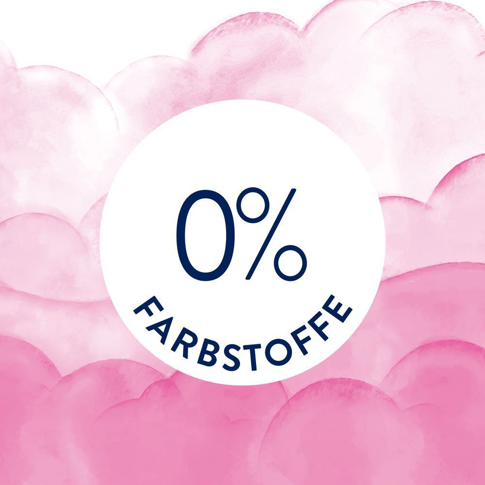 Der Vorteil von 0% Farbstoffen wird in einem weißen Kreis auf einem weichen, rosa Hintergrund hervorgehoben.