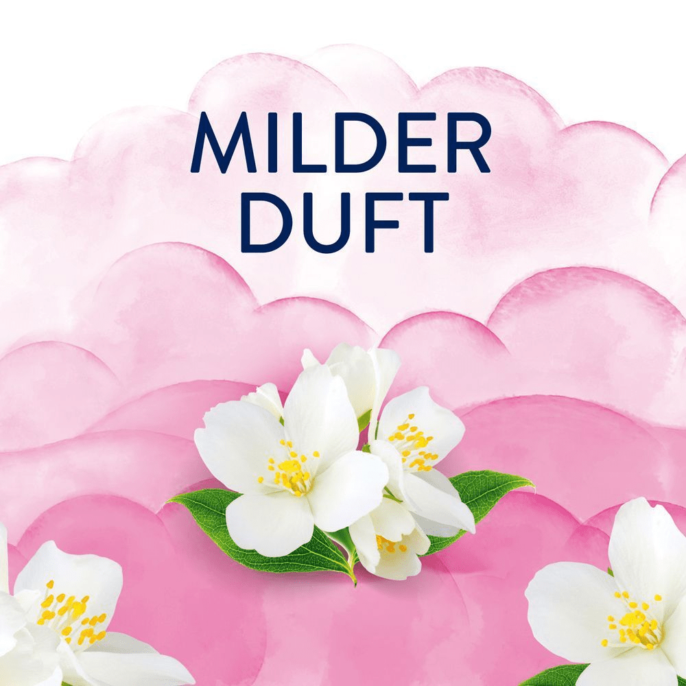 Milder Duft des Lenor-Produkts, symbolisiert durch weiße Jasminblüten vor rosafarbenen Wolken.