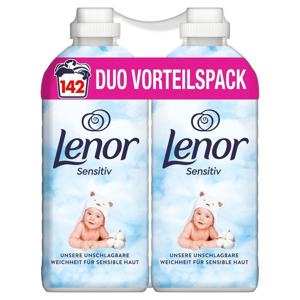 Lenor Sensitiv Weichspüler Duo Vorteilspack mit 142 Waschladungen und unschlagbarer Weichheit für sensible Haut.