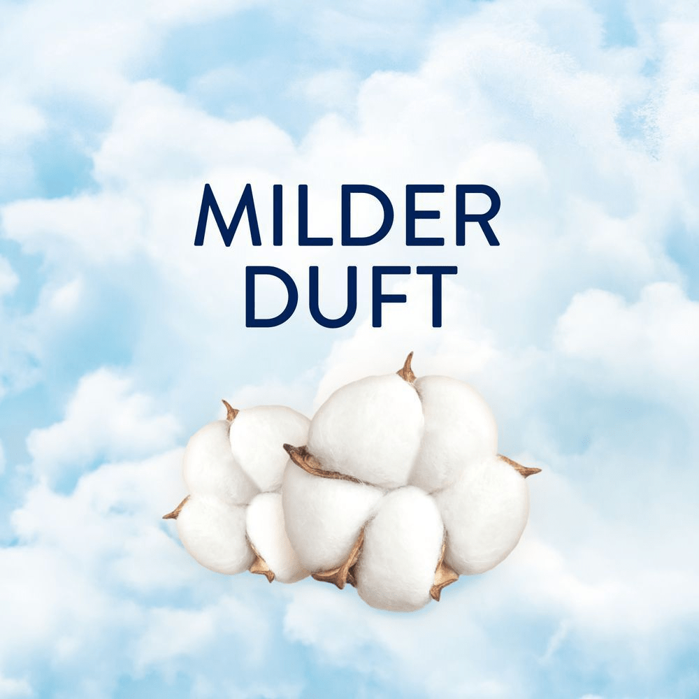 Lenor Marketingbild, das mit Baumwollblüten und Wolken den Vorteil eines milden Duftes visuell darstellt.