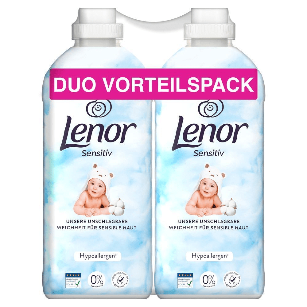 Lenor Sensitiv Weichspüler Duo Vorteilspack, unschlagbare Weichheit für sensible Haut und hypoallergen.