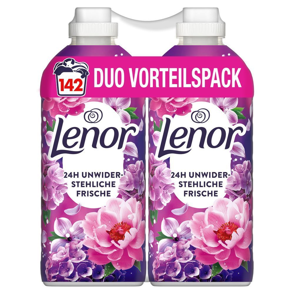 Lenor Weichspüler Duo Vorteilspack für 142 Wäschen, mit dem Versprechen 24h unwiderstehliche Frische.