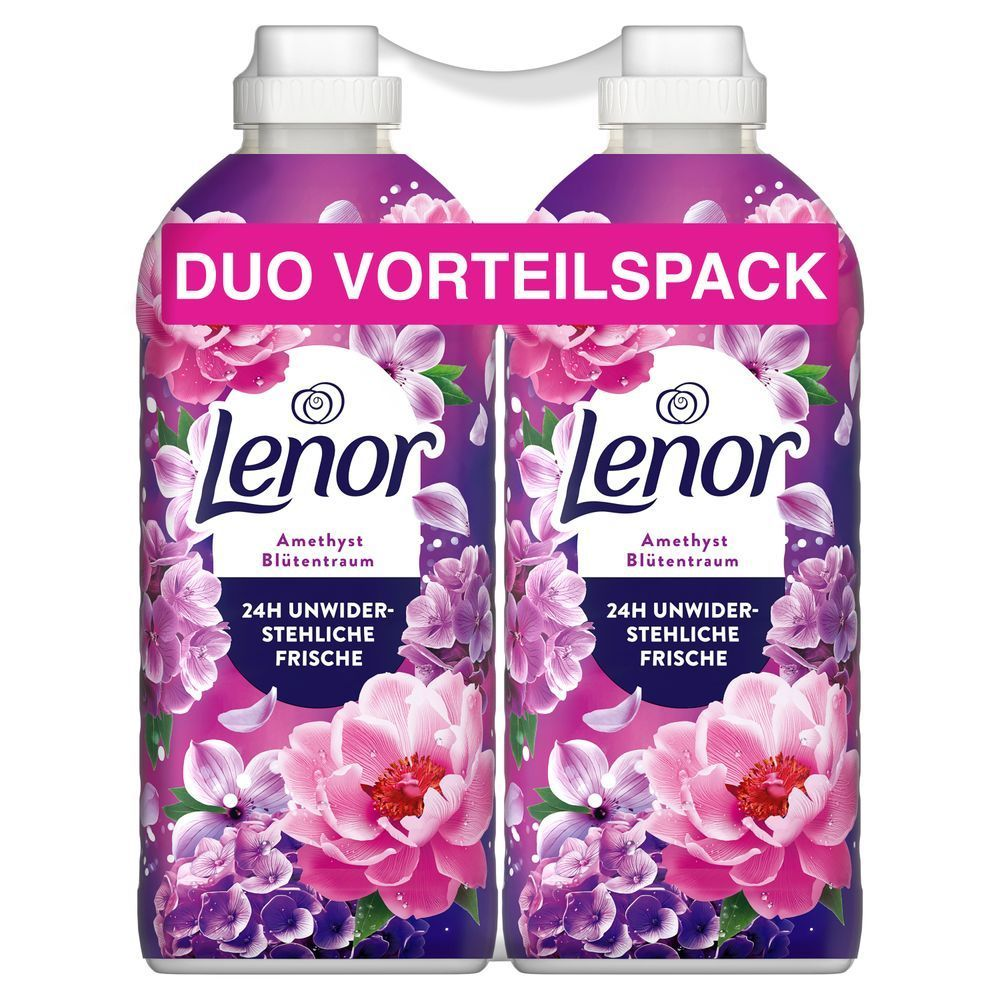 Lenor Amethyst Blütentraum Weichspüler Duo Vorteilspack, beworben mit 24h unwiderstehlicher Frische.