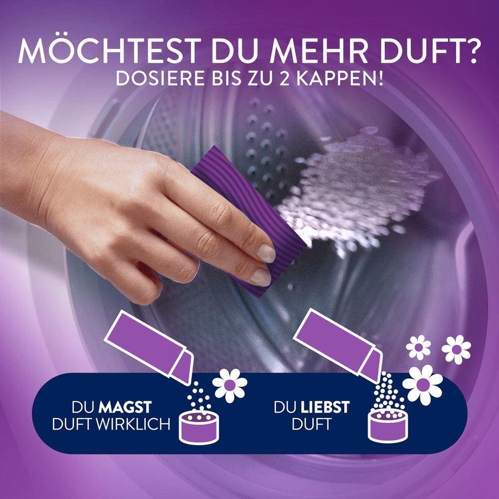 Lenor Wäscheparfüm, je nach gewünschter Duftintensität bis zu 2 Dosierkappen zugeben.