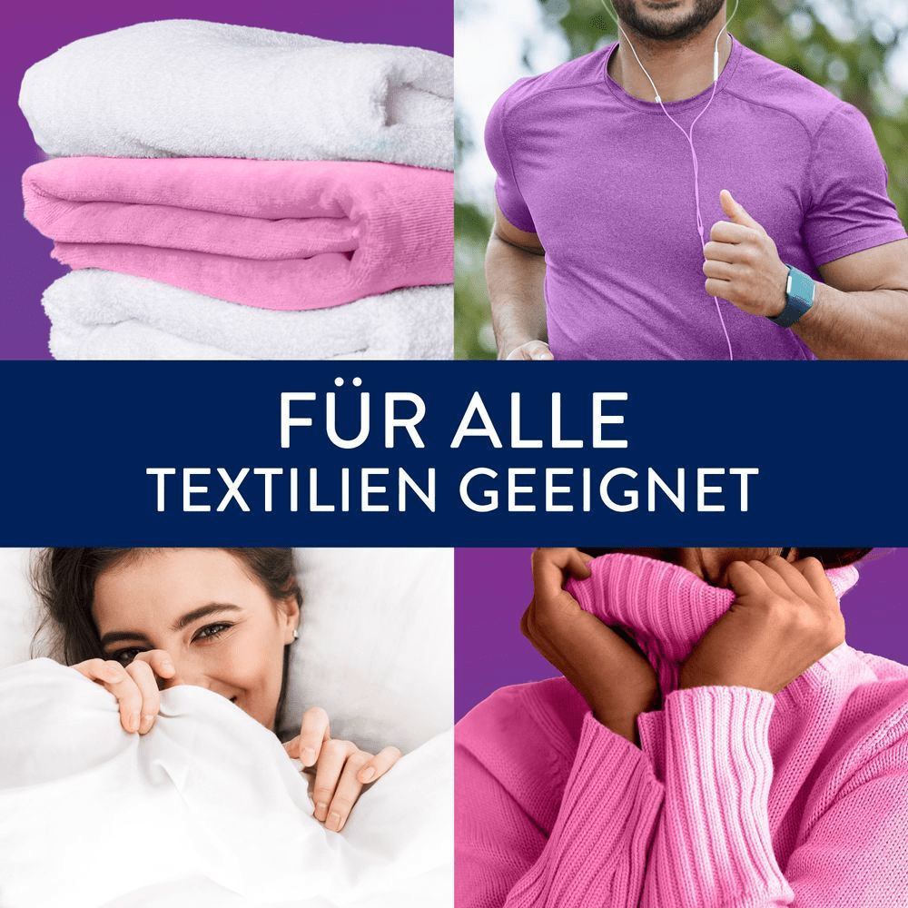 Collage mit dem Text: 'Geeignet für alle Textilien'. Enthält Handtücher, einen laufenden Mann, eine Frau in einer Decke und eine Frau im Pullover.