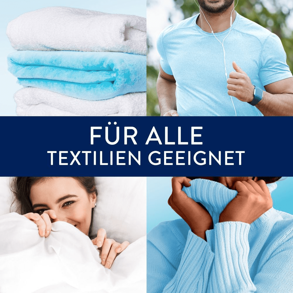 Collage mit dem Text: 'Geeignet für alle Textilien'. Enthält Handtücher, einen laufenden Mann, eine Frau in einer Decke und eine Frau im Pullover.