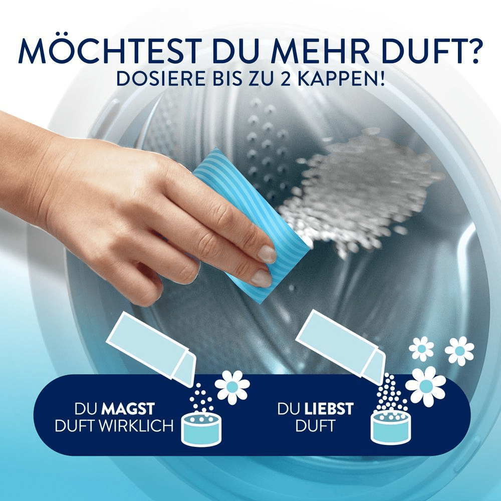 Lenor Wäscheparfüm, füge je nach gewünschter Duftintensität bis zu 2 Dosierkappen hinzu.