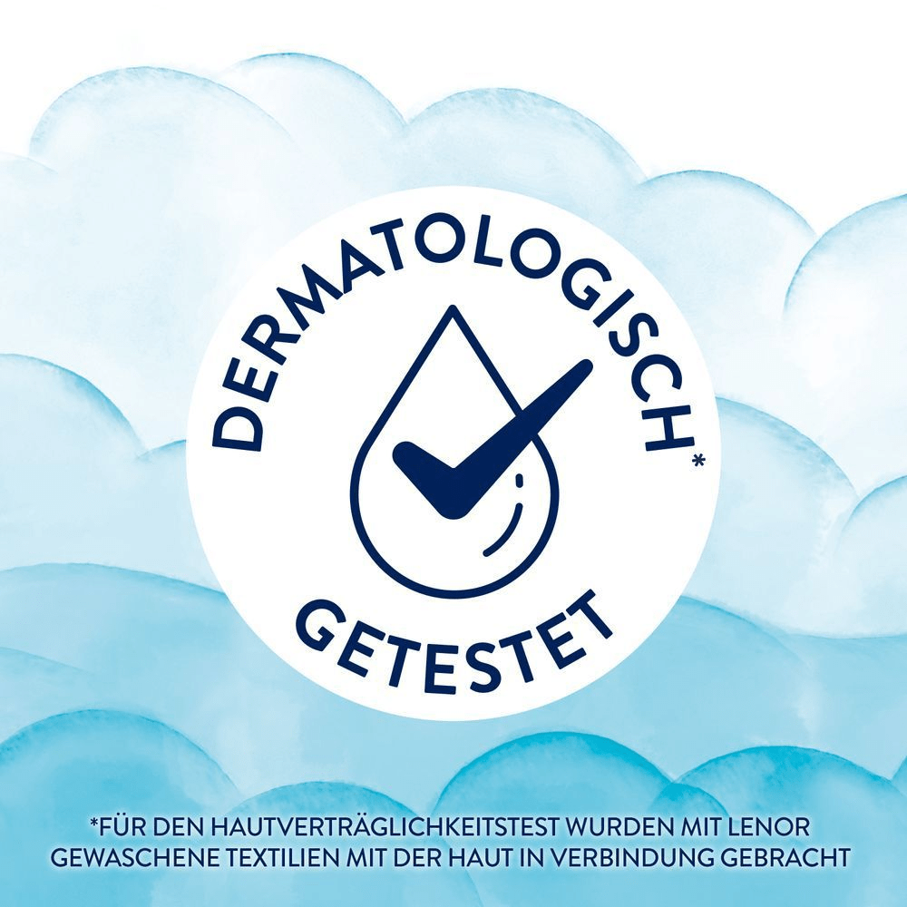 „Dermatologisch getestet“ Logo mit einem * versehen und dem Text: 'Für den Hautverträglichkeitstest wurden mit Lenor gewaschene Textilien mit der Haut in Verbindung gebracht.