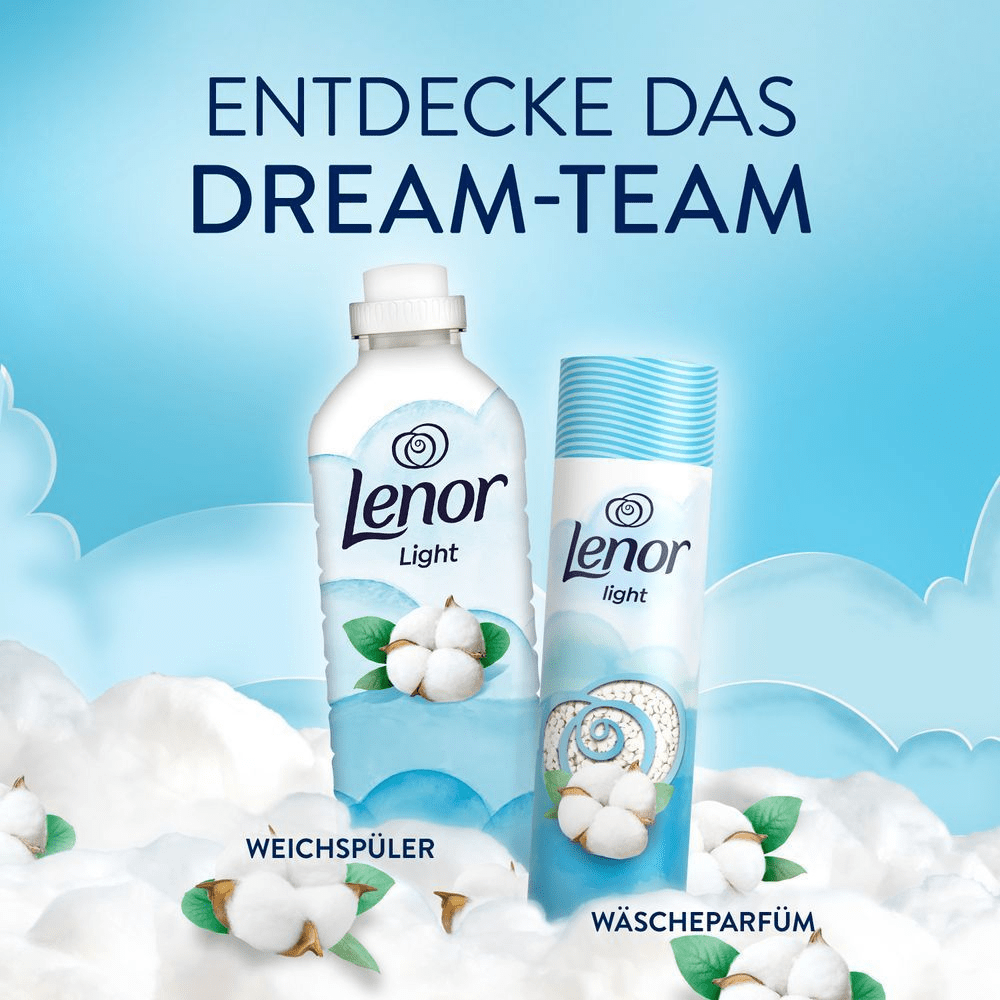 Das Lenor Light Frische Baumwollblüte Dream-Team: Weichspüler und Wäscheparfüm.