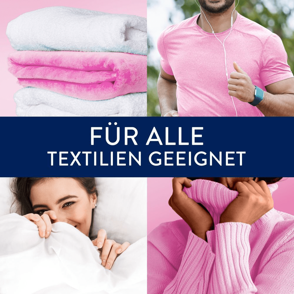 Collage mit dem Text: 'Geeignet für alle Textilien'. Enthält Handtücher, einen laufenden Mann, eine Frau in einer Decke und eine Frau im Pullover.