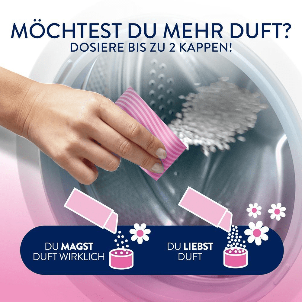 Lenor Wäscheparfüm, je nach gewünschter Duftintensität bis zu 2 Dosierkappen zugeben.
