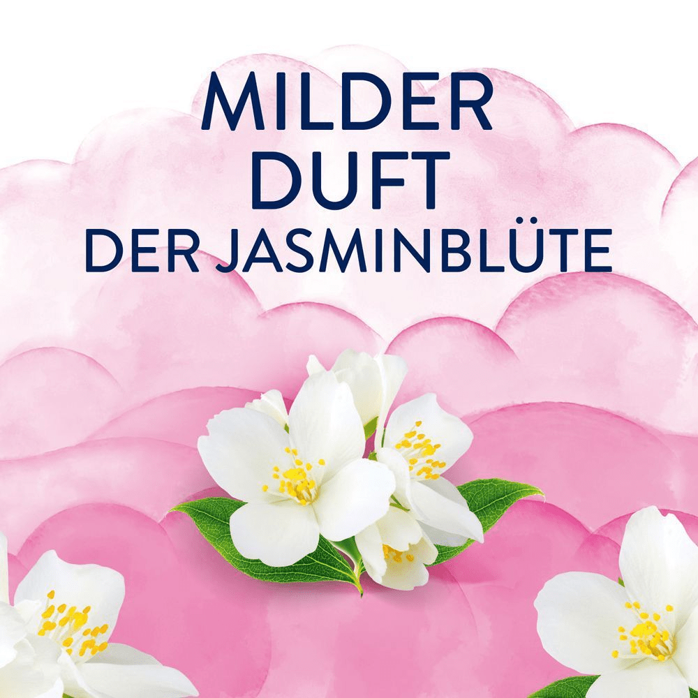Milder Duft der Jasminblüte, dargestellt mit Jasminblüten auf einem rosa Wolkenhintergrund.
