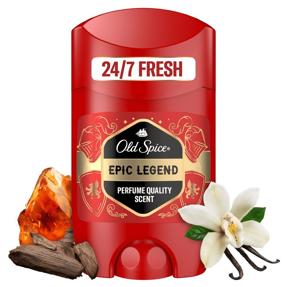 Old Spice Epic Legend Deodorant-Stick, hervorgehoben wird der Duft in Parfümqualität und 24-7 Frische. [HR] Old Spice Epic Legend dezodorans stick, ističe 24-7 FRESH formulu. [CS] Old Spice Epic Legend deodorant s vůní parfému a textem 24-7 FRESH. [HU] Old Spice Epic Legend dezodor parfüm minőségű illattal. [SK] Old Spice Epic Legend deodorant, zvýrazňujúci vôňu kvality parfumu. [SL] Old Spice Epic Legend deodorant: 24-7 svežina in parfumski vonj. [ES] Desodorante Old Spice Epic Legend en barra, destacando su fragancia con calidad de perfume y frescura 24-7. [PT] Old Spice Desodorizante Stick Epic Legend em embalagem vermelha, destacando a promessa de frescor 24-7 e fragrância com qualidade de perfume.