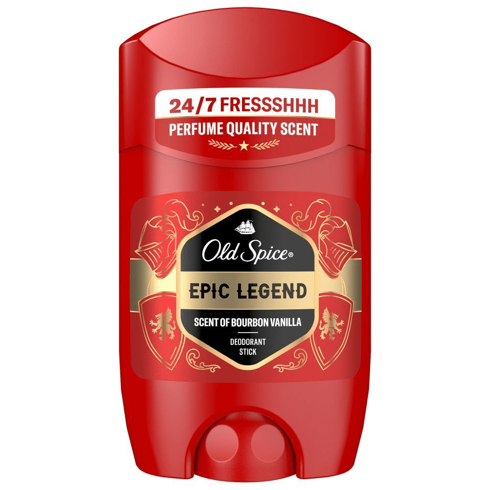 Old Spice Epic Legend Deodorant Stick mit 24-7 Frisch & Sanft und Duft in Parfumqualität. [HR] Old Spice Epic Legend dezodorans stick, 24-7 svježina mirisa kvalitete parfema. [CS] Old Spice deodorant stick Epic Legend s 24-7 parfémovou vůní. [HU] Old Spice Epic Legend dezodor stift, 24-7 parfüm minőségű illattal. [SK] Old Spice Epic Legend deodorant stick s 24-7 sviežosťou a vôňou bourbon vanilky. [SL] Old Spice Epic Legend deodorant v stiku, 24-7 dišava kakovosti parfuma. [ES] Desodorante Old Spice Epic Legend con aroma calidad perfume 24-7. [PT] Old Spice Desodorizante Stick Epic Legend, com alegação de fragrância de qualidade de perfume e aroma de bourbon vanilla.