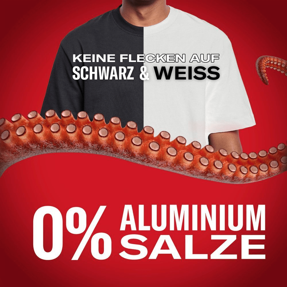Old Spice: Keine Flecken auf schwarzer und weisser Kleidung dank 0% Aluminiumsalze, dargestellt durch ein T-Shirt und Krakenarme. [HR] Old Spice: bez mrlja na crnoj i bijeloj odjeći, s 0% aluminijskih soli. [CS] Old Spice: Žádné skvrny na černém a bílém, 0% hliníkových solí.