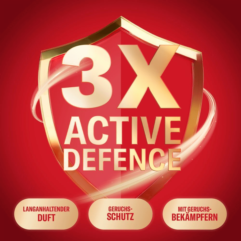 Old Spice bietet 3x Active Defence: Langanhaltender Duft, Geruchsschutz und Geruchsbekämpfung, dargestellt durch ein goldenes Schild.