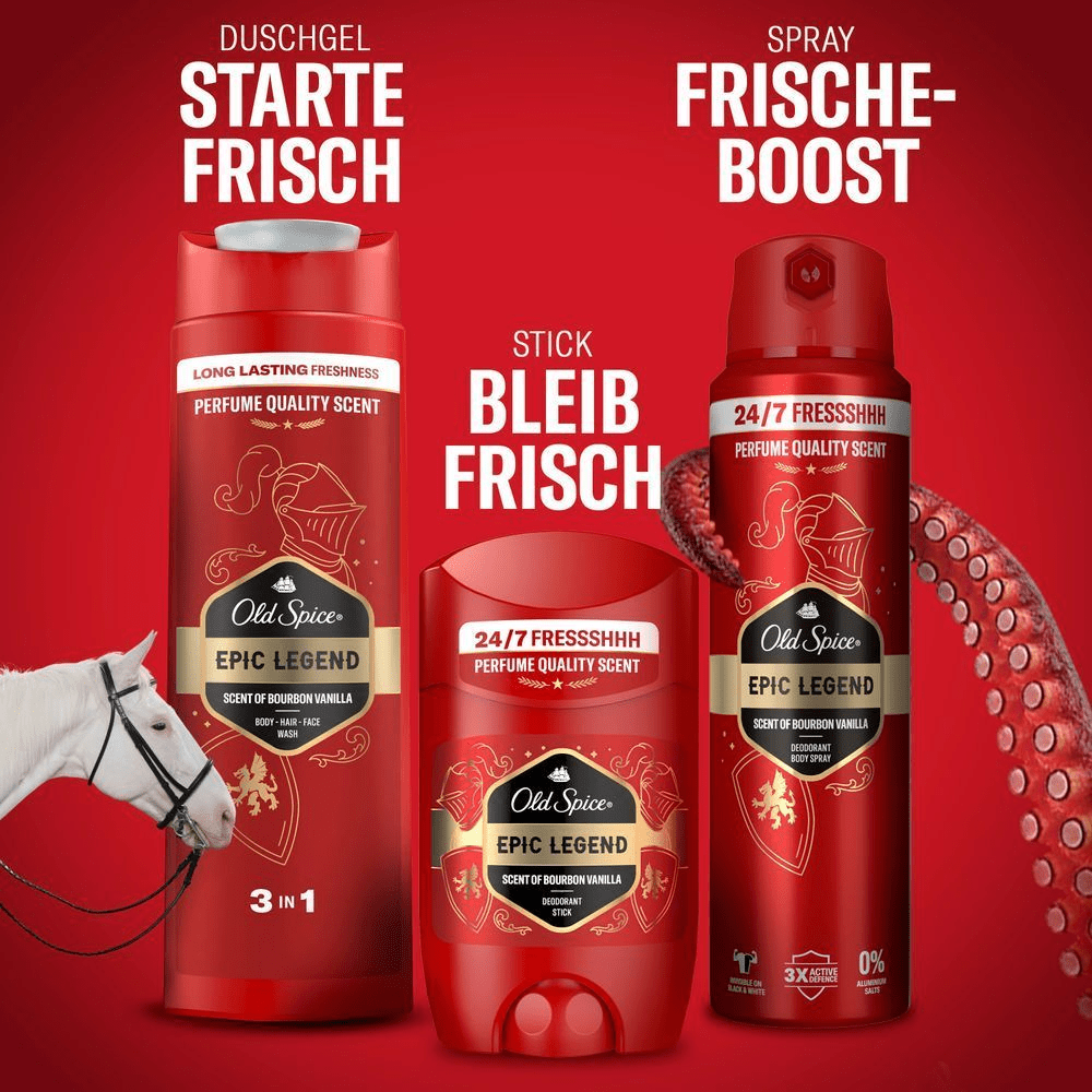 Old Spice Epic Legend Duschgel, Deodorant Stick und Spray für einen frischen Start und langanhaltenden Duft.