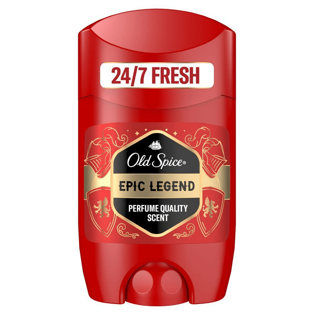 Old Spice Epic Legend Deodorant Stick mit dem Hinweis 24-7 Fresh auf der Verpackung. [HR] Old Spice Epic Legend dezodorans za cjelodnevnu svježinu. [CS] Old Spice Epic Legend deodorant se svěžestí 24-7. [HU] Old Spice Epic Legend dezodor parfüm minőségű illattal. [SK] Dezodorant Old Spice Epic Legend s tvrdením 24-7 FRESH. [SL] Old Spice Epic Legend deodorant s trditvijo 24-7 FRESH. [ES] Desodorante Old Spice Epic Legend en barra, destacando su fragancia con calidad de perfume y frescura 24-7. [PT] Old Spice Desodorizante Stick Epic Legend em embalagem vermelha, destacando a promessa de frescor 24-7 e fragrância com qualidade de perfume.
