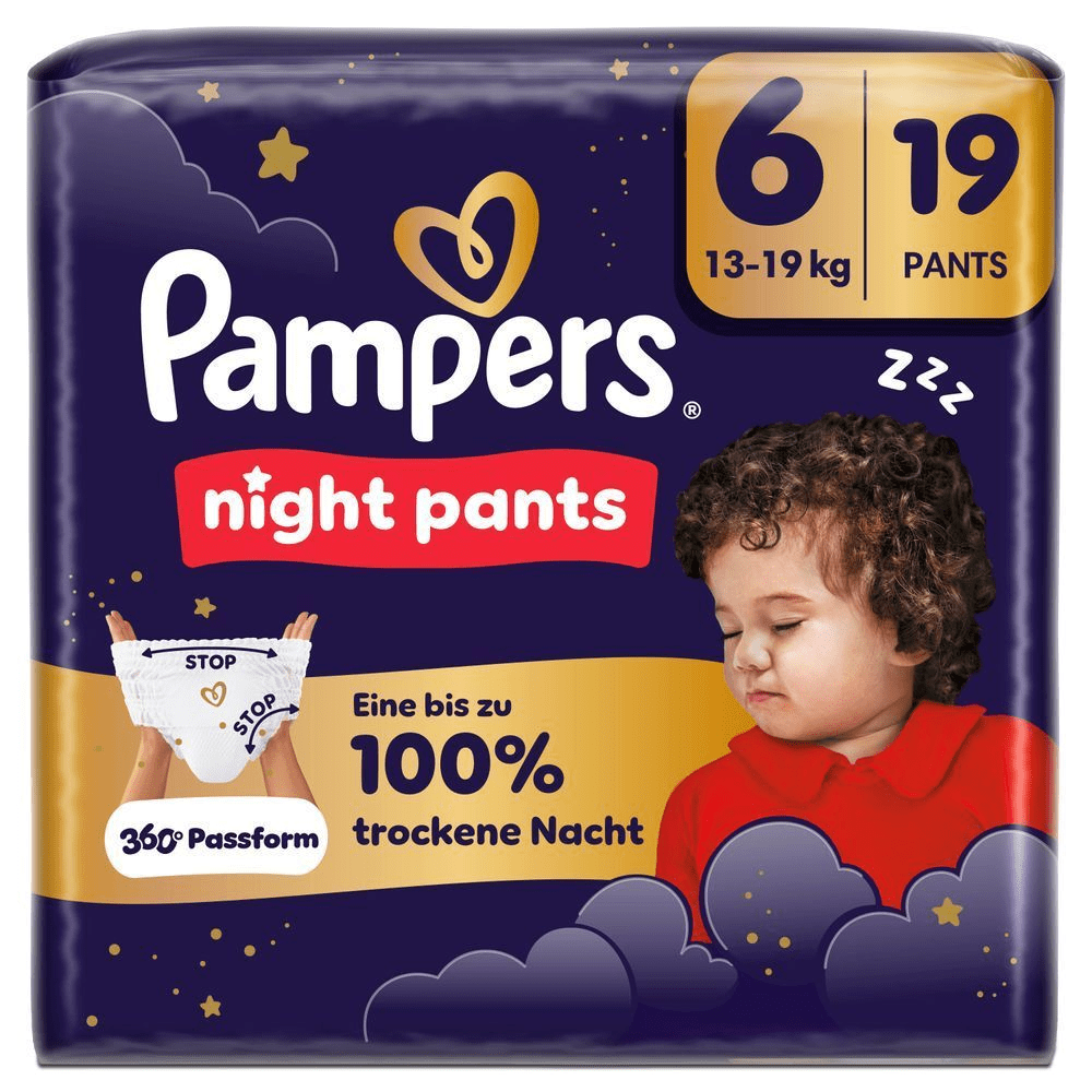 Pampers Night Pants Größe 6 Verpackung, die "Eine bis zu 100% trockene Nacht" und 360° Passform verspricht.