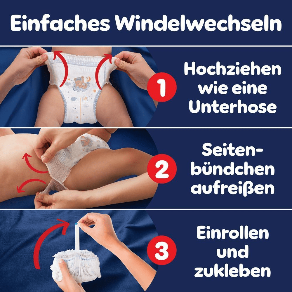 Pampers Windel-Anleitung in drei Schritten: Hochziehen wie eine Unterhose, Seitenbündchen aufreißen, einrollen und zukleben für einfaches Windelwechseln.