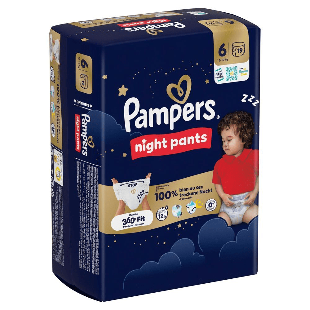Pampers Night Pants-Verpackung, Größe 6, mit der Aufschrift 100% trockene Nacht.