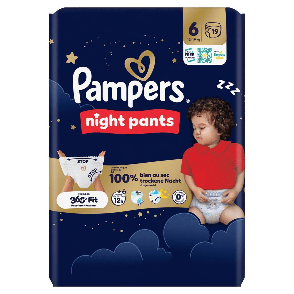 Pampers Night Pants Verpackung, hervorgehoben wird der Anspruch 100% trockene Nacht.