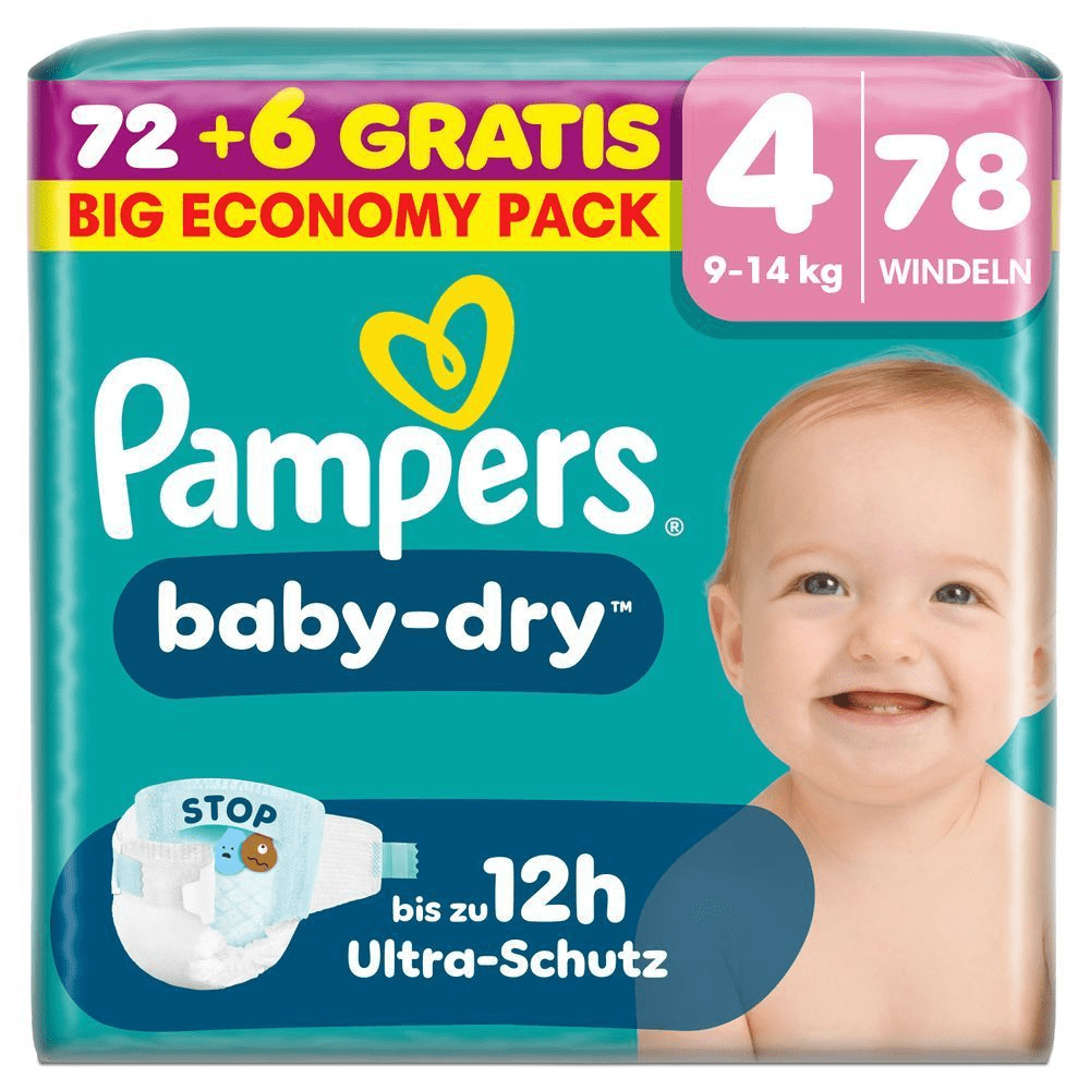 Pampers Baby-Dry Windeln, GröÃe 4, 9-14 kg, 72 +6 (78 Windeln) GRATIS Big Economy Pack.