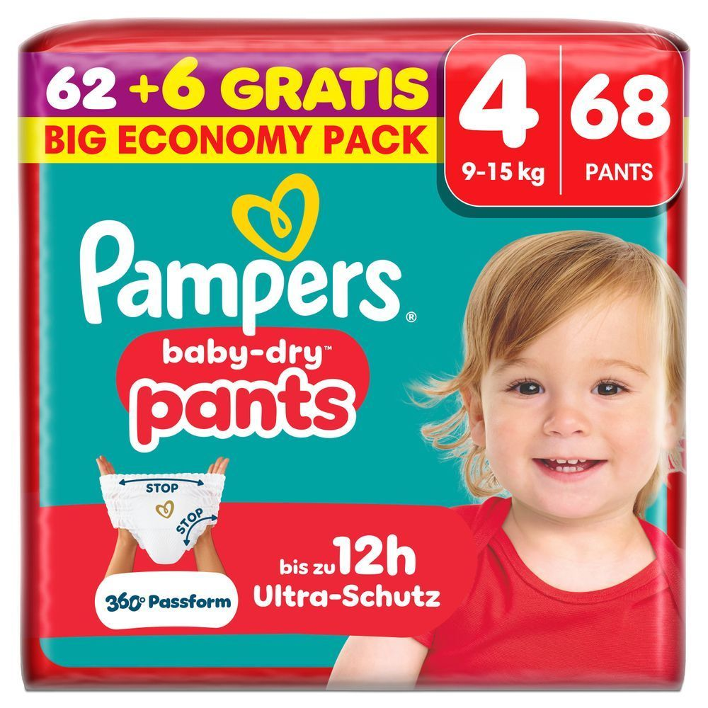 Pampers Baby-Dry pants GröÃe 4, 9-15 kg, 62+6 gratis (68 Windeln), bis zu 12h Ultra-Schutz.