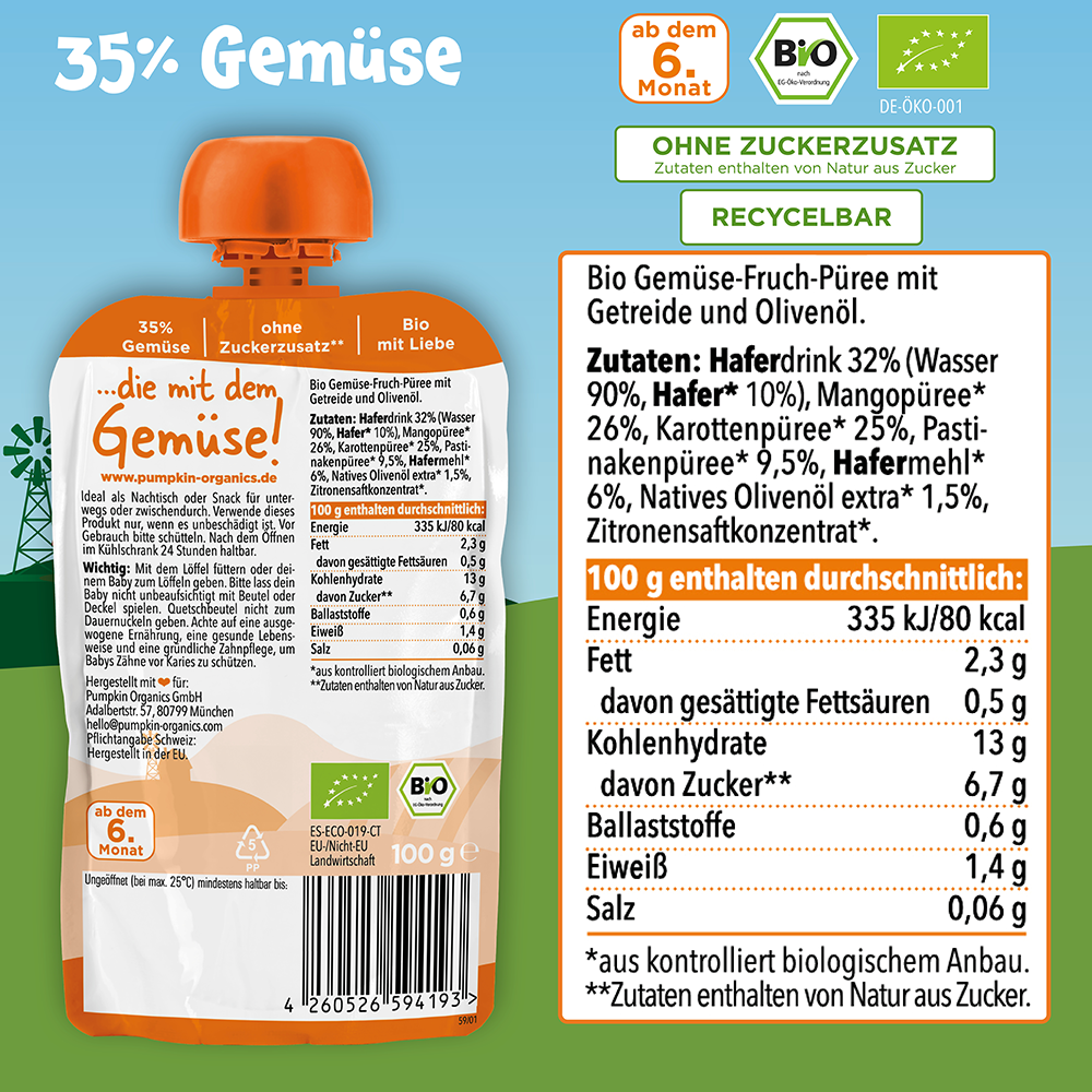 Bild: pumpkin organics Quetschie Mango, Karotte, Pastinake und Hafer 