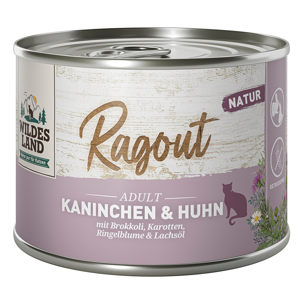 Bild: Wildes Land Ragout Kaninchen und Huhn mit Brokkoli, Karotten, Ringelblume & Lachsöl