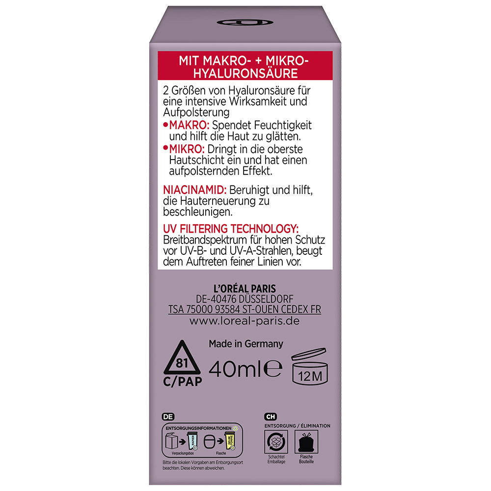 Bild: L'ORÉAL PARIS Revitalift Filler Aufpolsterndes Hyaluron Aqua-Fluid LSF 30 