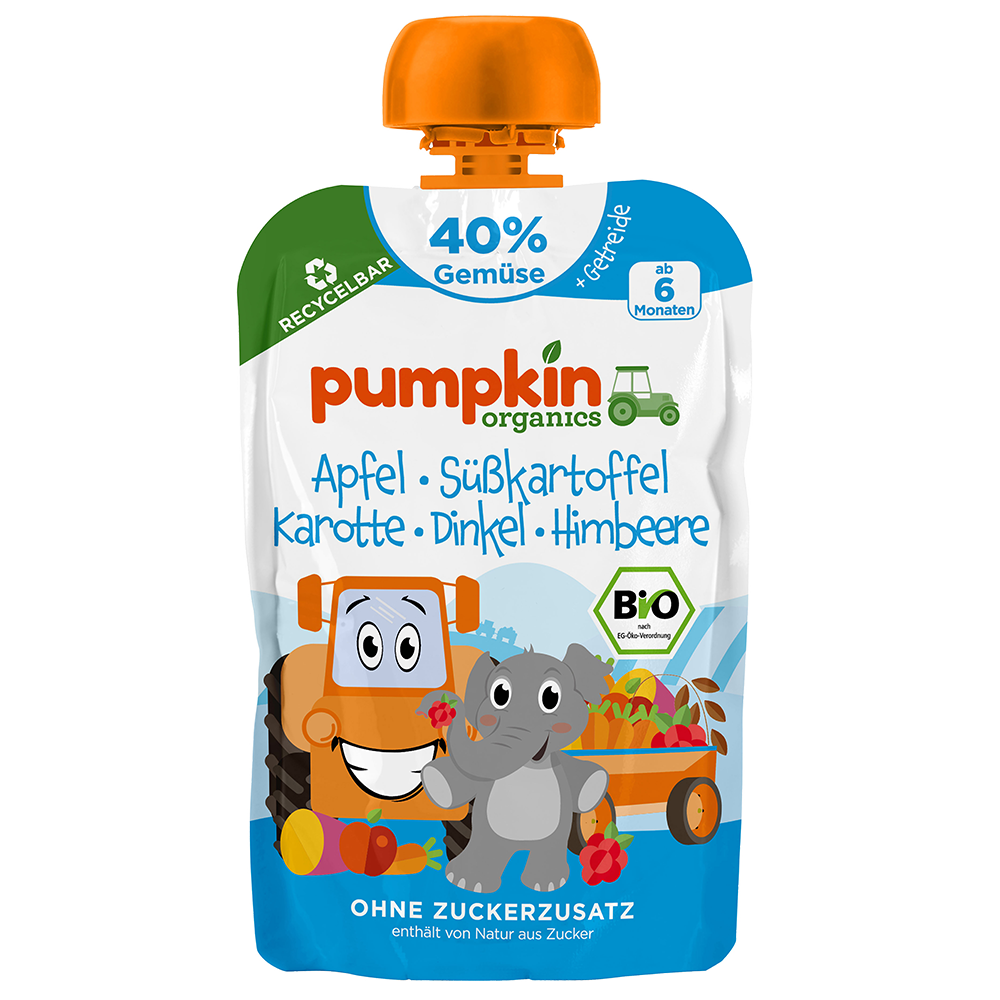 Bild: pumpkin organics Quetschie Apfel, Süßkartoffel, Karotte, Dinkel, Himbeere 