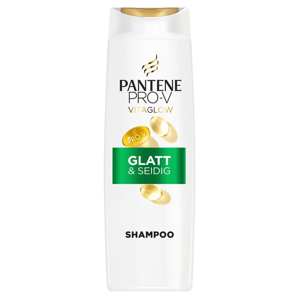Pantene Pro-V VitaGlow Shampoo, hervorgehoben mit dem Claim "Glatt & Seidig" auf der Vorderseite der Verpackung.