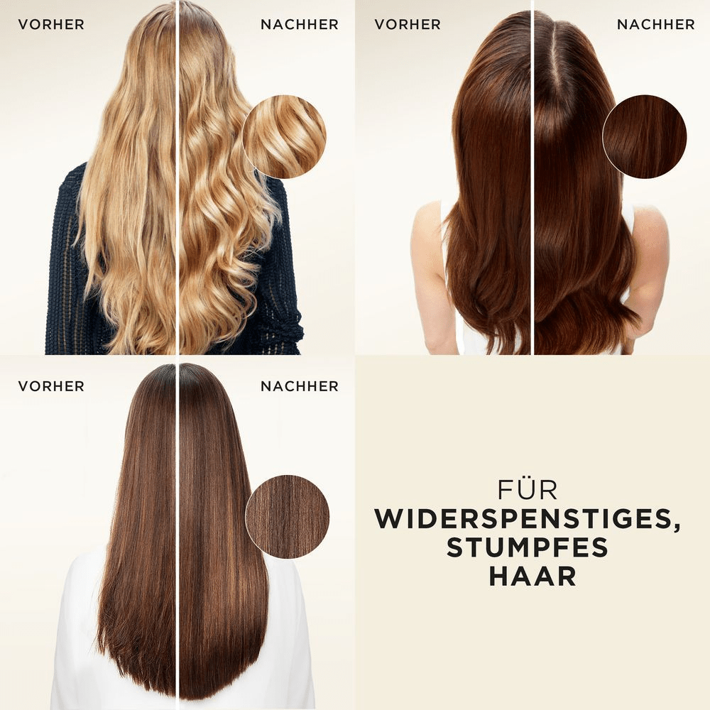 Pantene Pro-V: Vorher-Nachher-Bilder zeigen die Verwandlung von widerspenstigem, stumpfem Haar in glÃ¤nzendes, gesund aussehendes Haar.