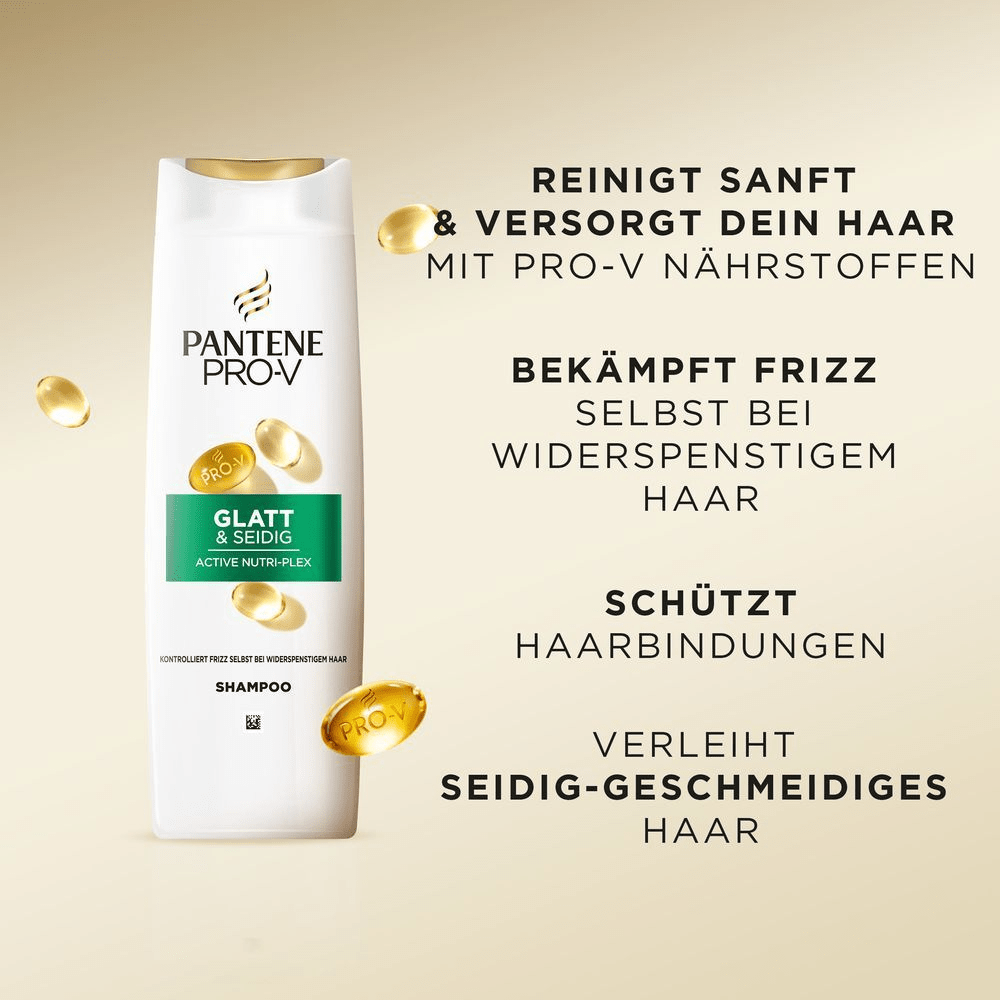 Pantene Pro-V Shampoo fÃ¼r glattes und seidiges Haar, das Frizz selbst bei widerspenstigem Haar kontrolliert.