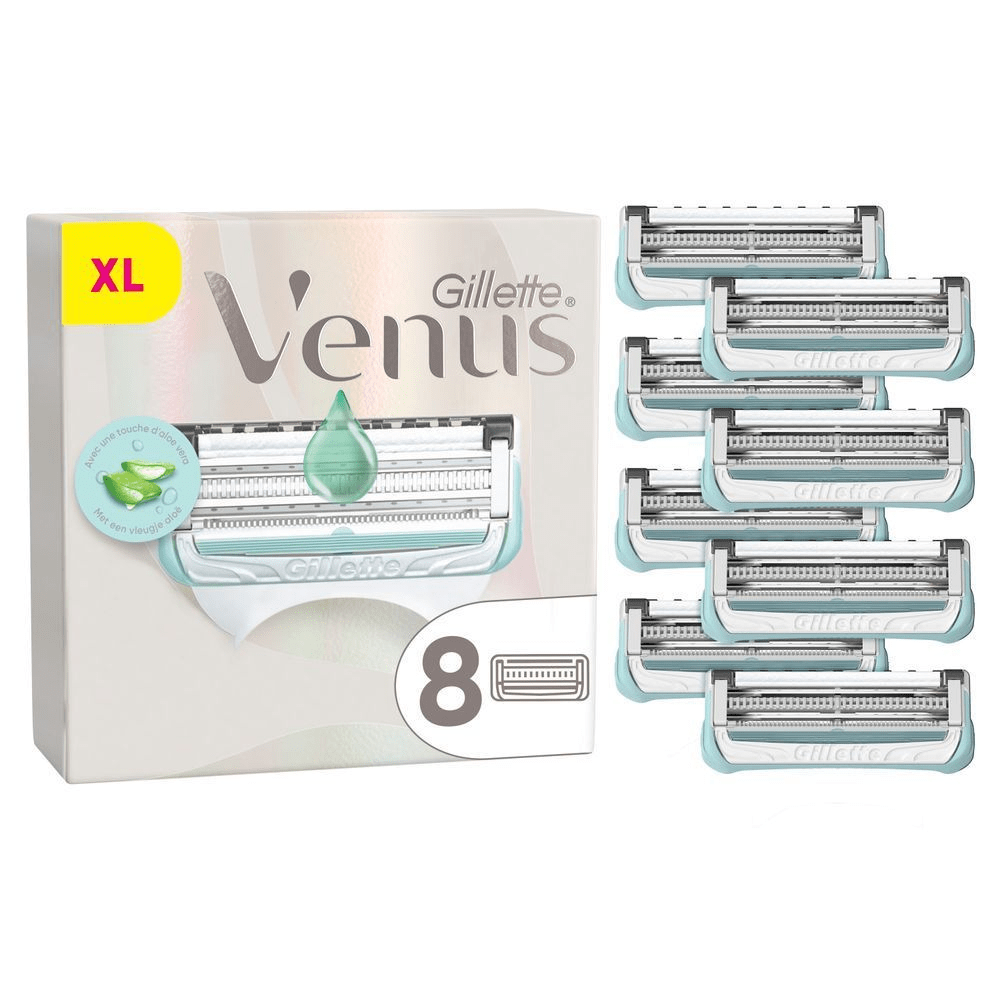 Venus Satin Care Rasierklingen, 8 Stück, mit Aloe Vera für eine sanfte Rasur. [EN] Venus Satin Care razor blade refills, pack of 8, with aloe vera for sensitive skin. [SV] Venus Satin Care rakblad, 8-pack, med en antydan av aloe vera för en mjuk och behaglig rakning. [IT] Gillette Venus, confezione da 8 ricariche, con formula arricchita con un tocco di aloe vera per una rasatura delicata.;