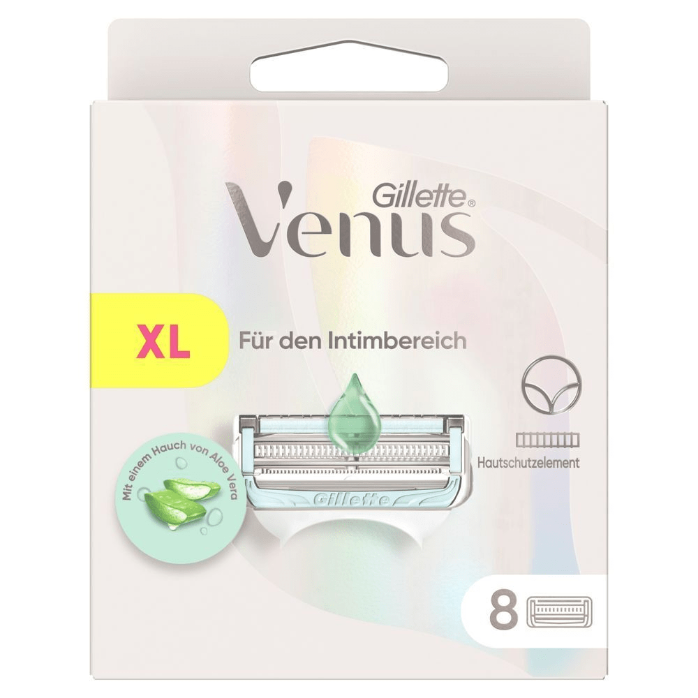 Frontansicht der Gillette Venus Klingen für den Intimbereich, XL-Packung mit 8 Stück, hervorgehoben mit Aloe Vera und Hautschutzelement.