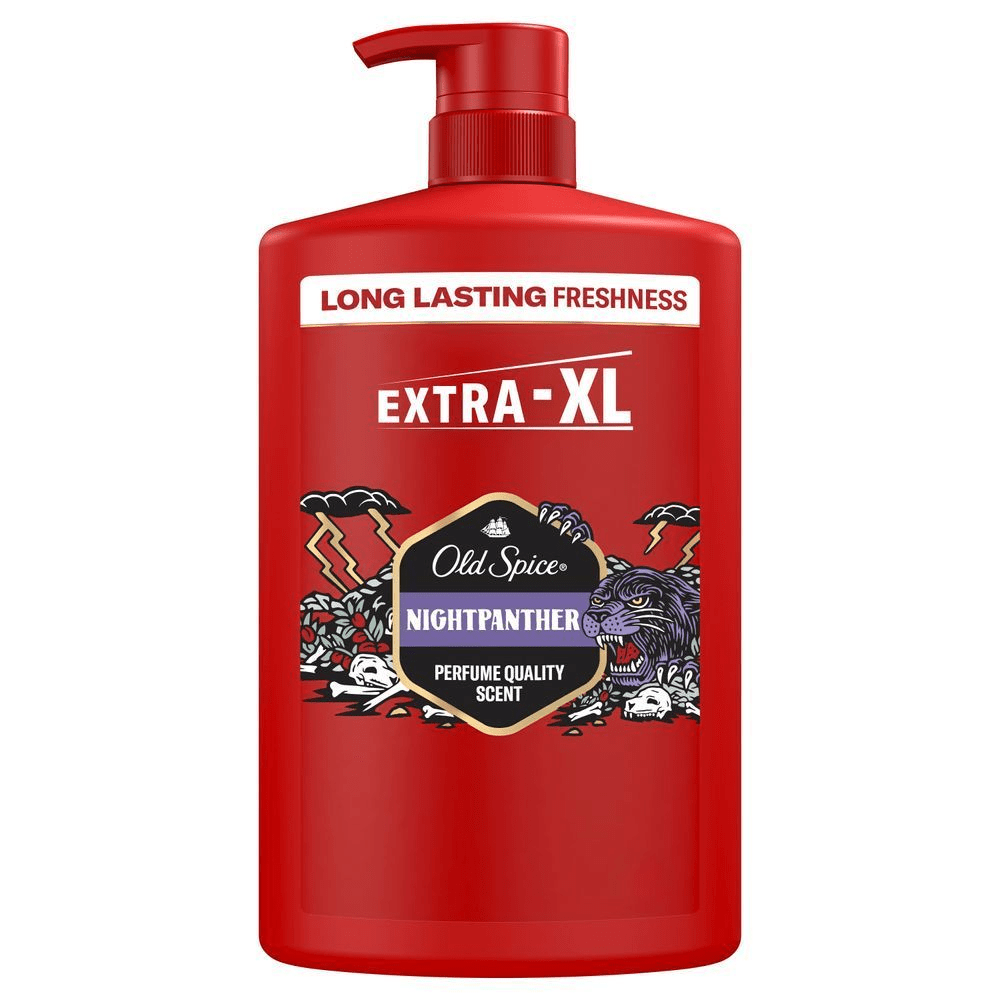 Old Spice Nightpanther Duschgel in Extra-XL GrÃ¶Ãe, hervorgehoben mit dem Slogan Long Lasting Freshness (Lang anhaltende Frische). [PT] Old Spice Shower Gel Nightpanther Extra-XL com embalagem que destaca Long Lasting Freshness e Perfume Quality Scent.