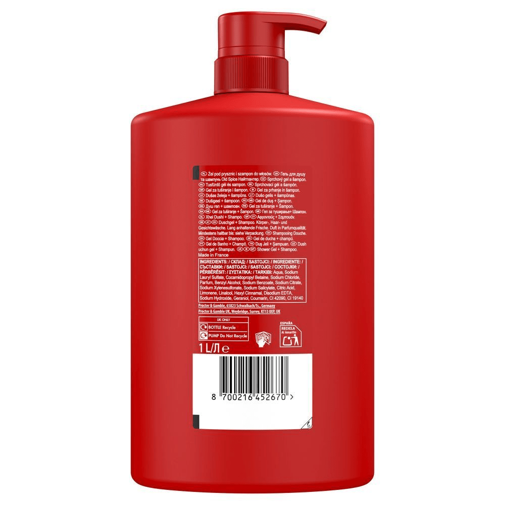 Old Spice Duschgel und Shampoo in roter Flasche, hervorgehoben wird die 1L FÃ¼llmenge. [EN] Old Spice Nightpanther shower gel and shampoo, 1 litre bottle, with multi-purpose use for body, hair, and face. [PT] Old Spice Gel de Banho 3 em 1 XL parte detrÃ¡s da embalagem com informaÃ§Ãµes de contÃ©udo-ingredientes, fabricaÃ§Ã£o, reciclagem e dados de contato da P&G, QRC.