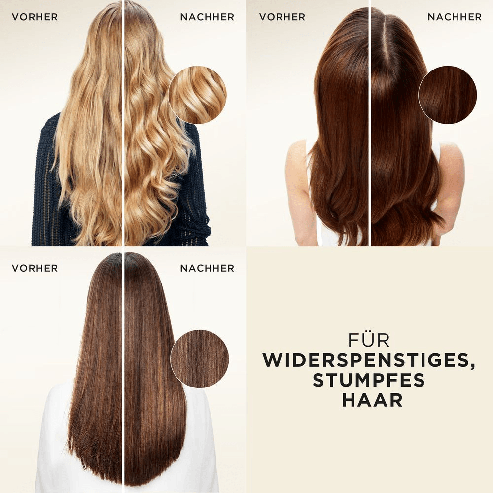 Pantene Pro-V: Vorher-Nachher-Bilder zeigen die Verwandlung von widerspenstigem, stumpfem Haar in glänzendes, gesund aussehendes Haar.