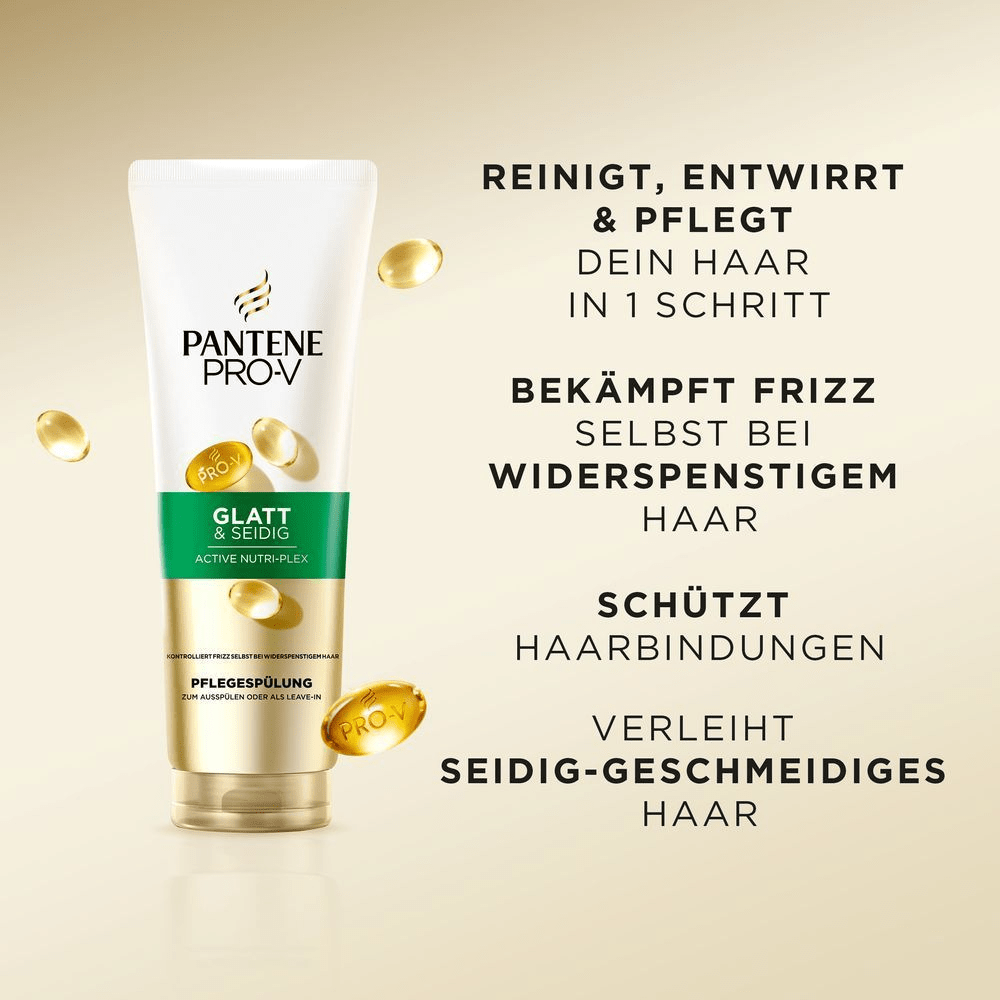 Pantene Pro-V Pflegespülung für glattes und seidiges Haar, die Frizz selbst bei widerspenstigem Haar bekämpft.
